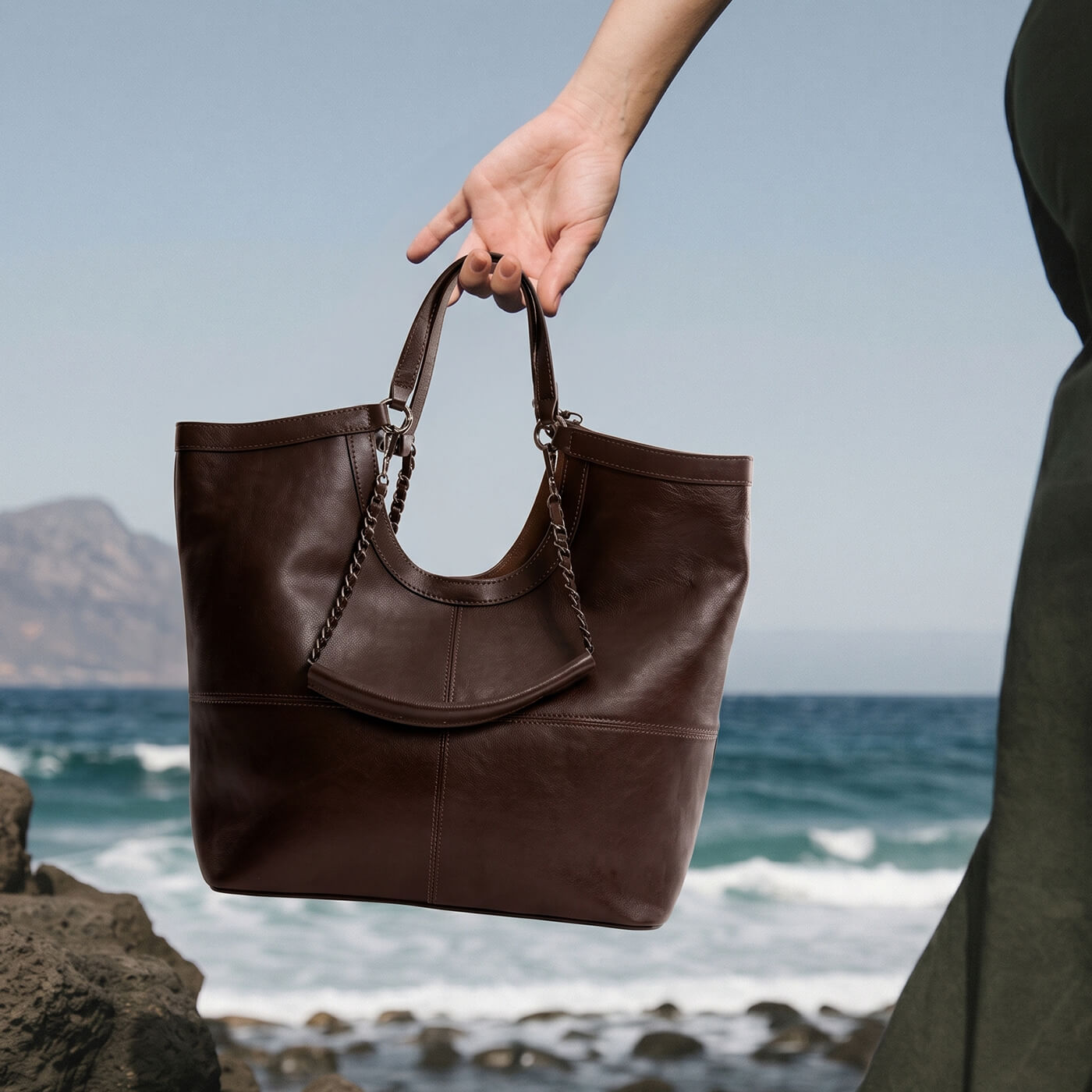 Seaside Outdoors Leather Tote Bag for Women in Brown, Front View
