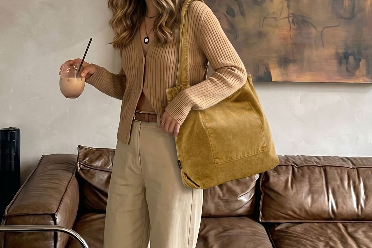 A Woman Carries a Minimalist, Vintage-Yellow Tote Bag Indoor