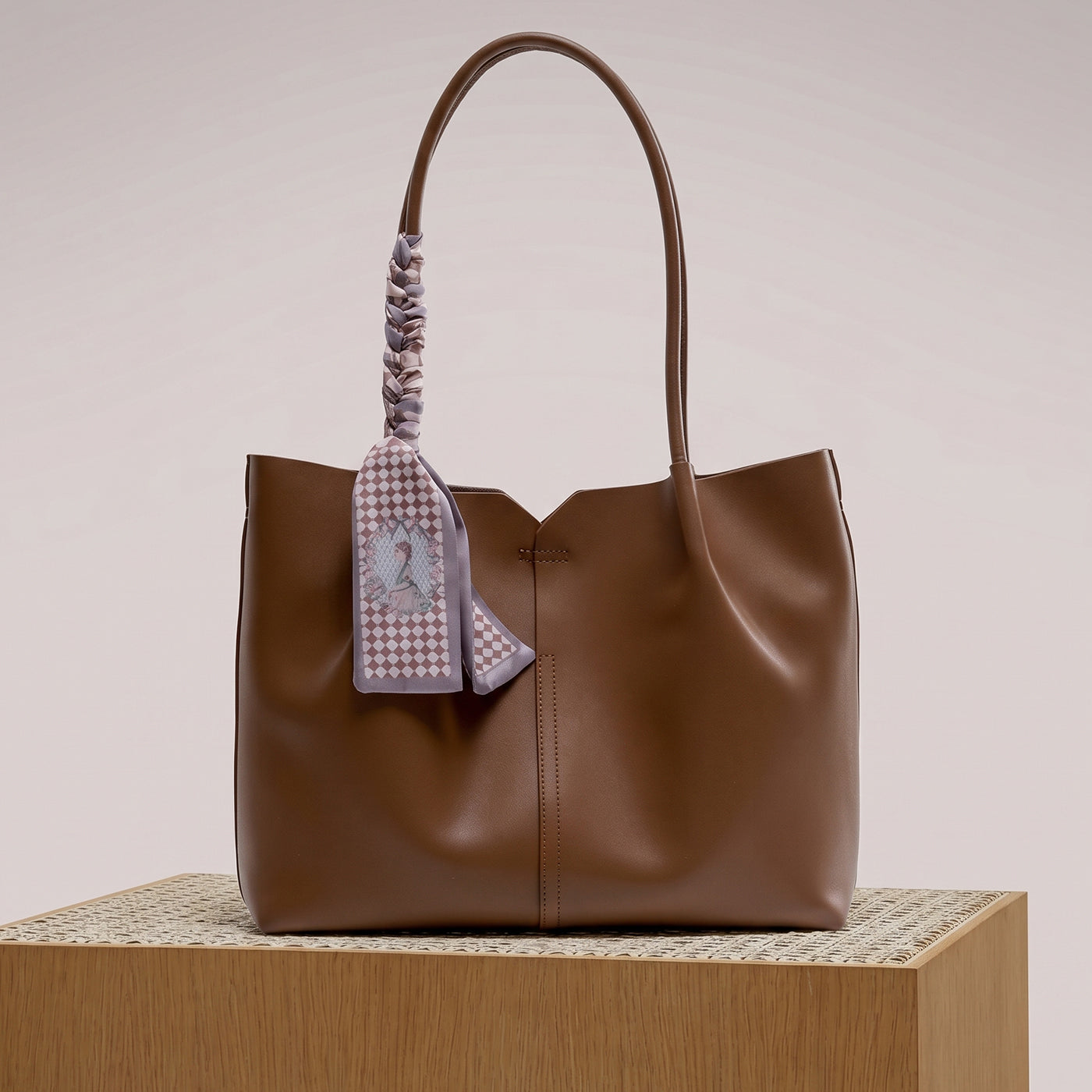 Ribbon Ties Women Brown Leather Tote Bag with Spacious Interior and Durable Construction