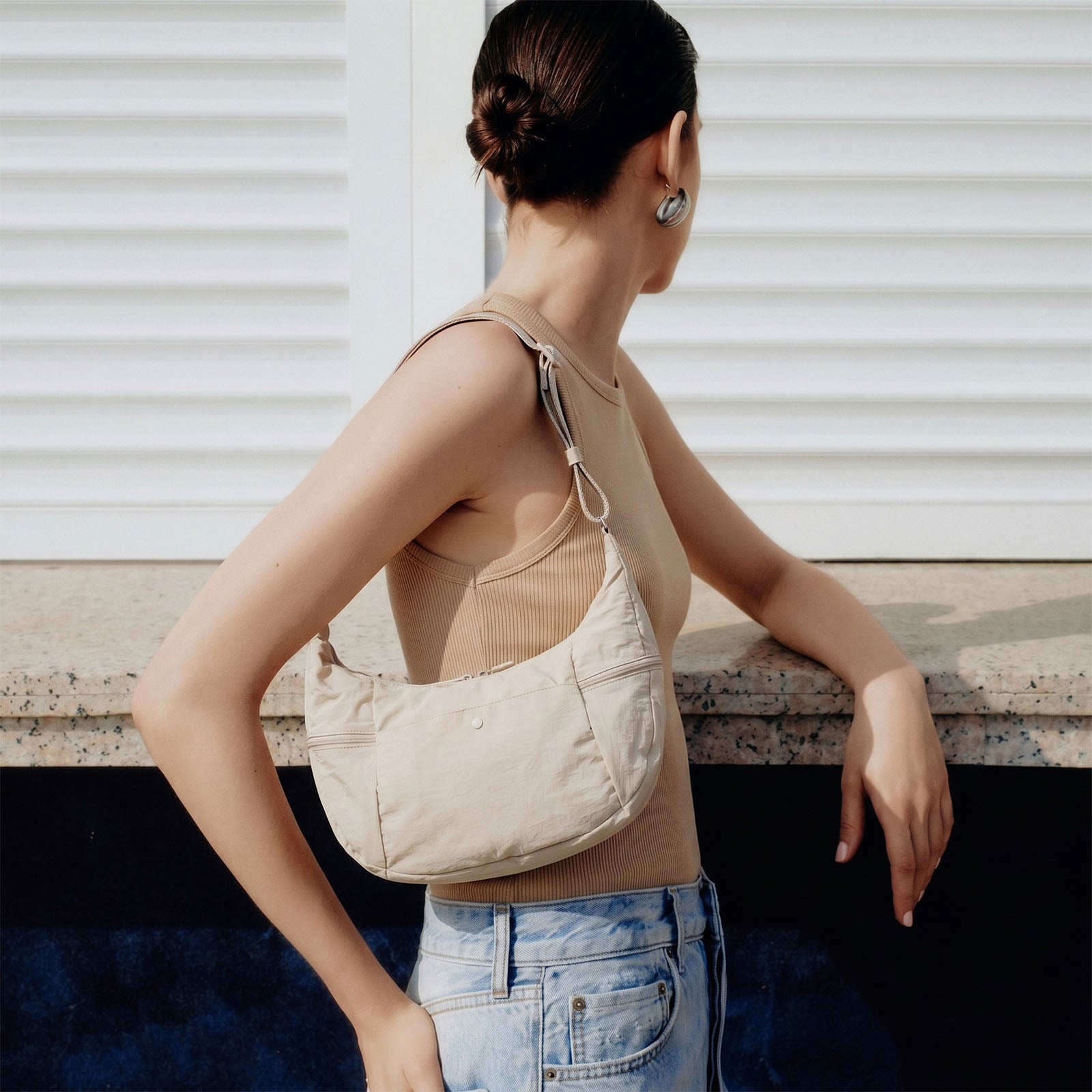 Front View Adjustable Strap Women Crossbody Bag in Beige