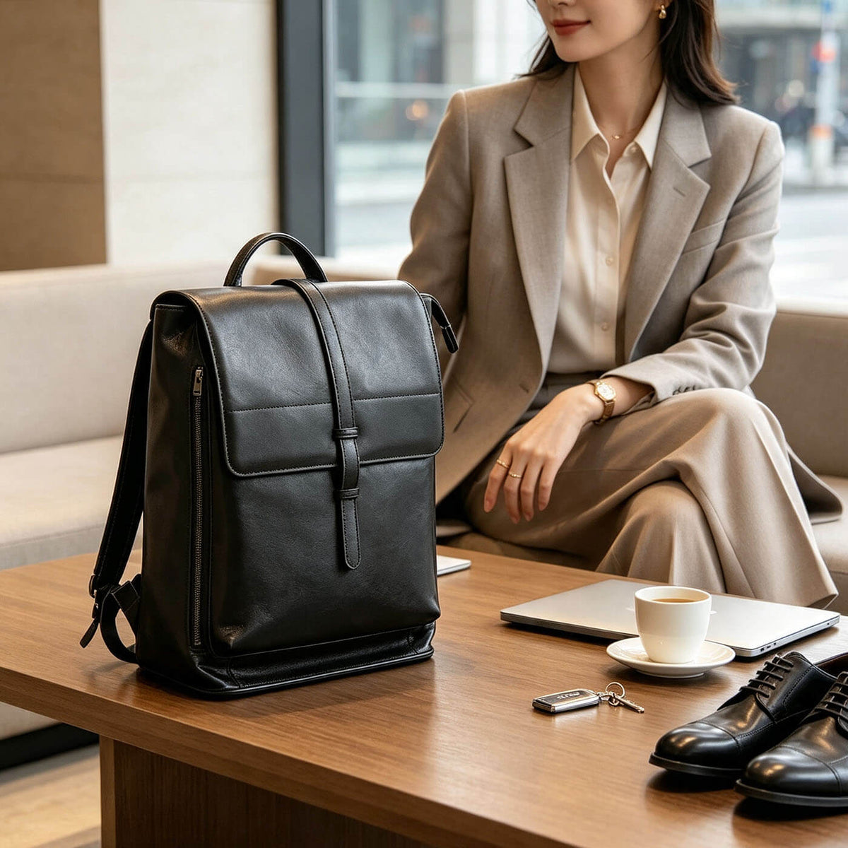 Business Travel Leather Handle Backpack