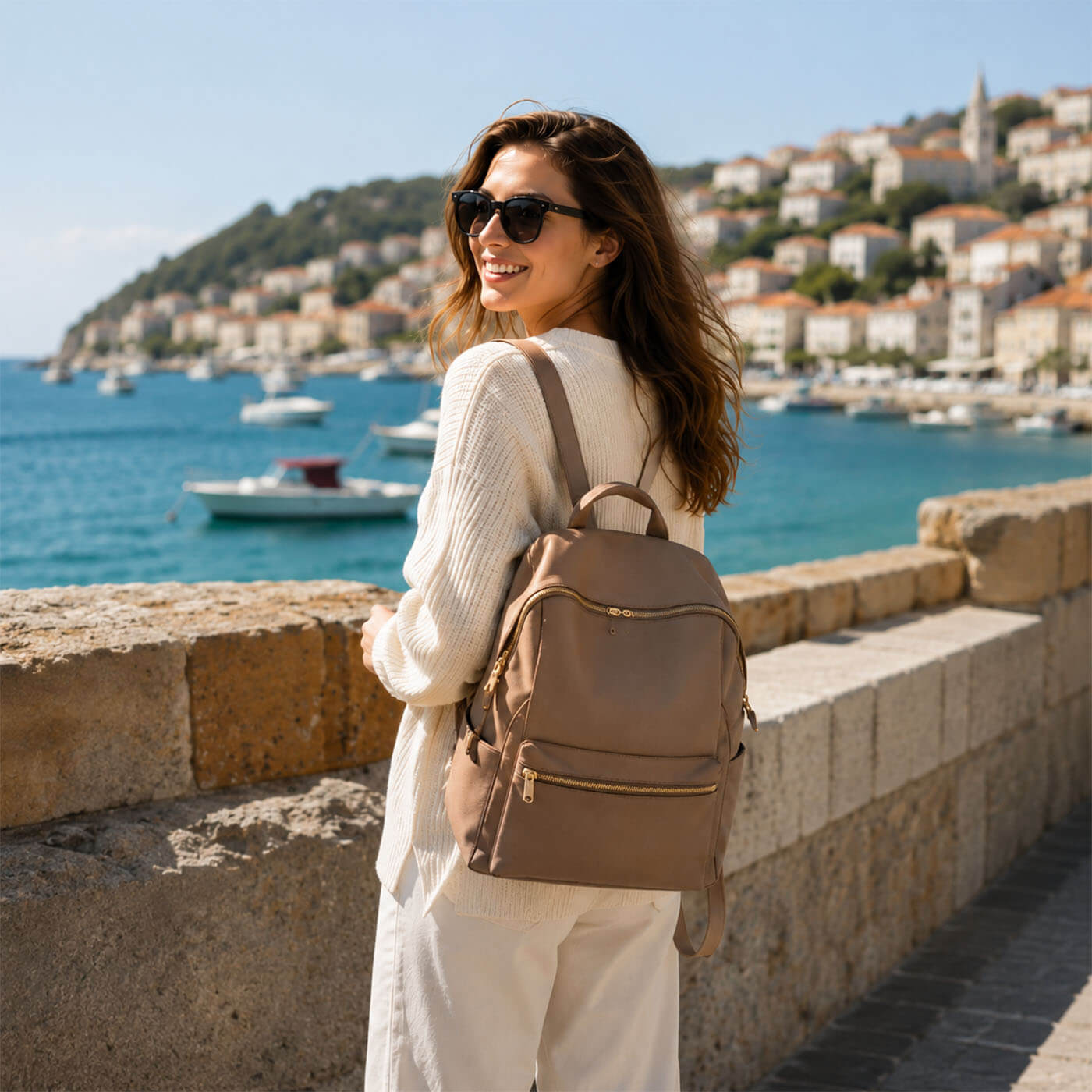 Woman Wearing Leather Backpack for Travel In City Street