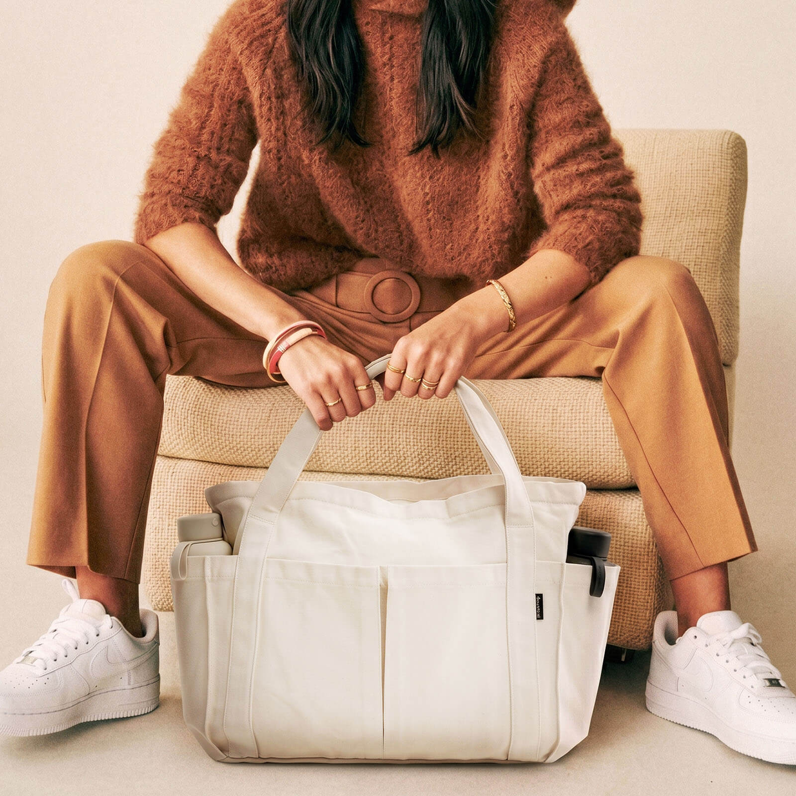 Women Indoor Canvas Travel Tote Bag in White, Front View