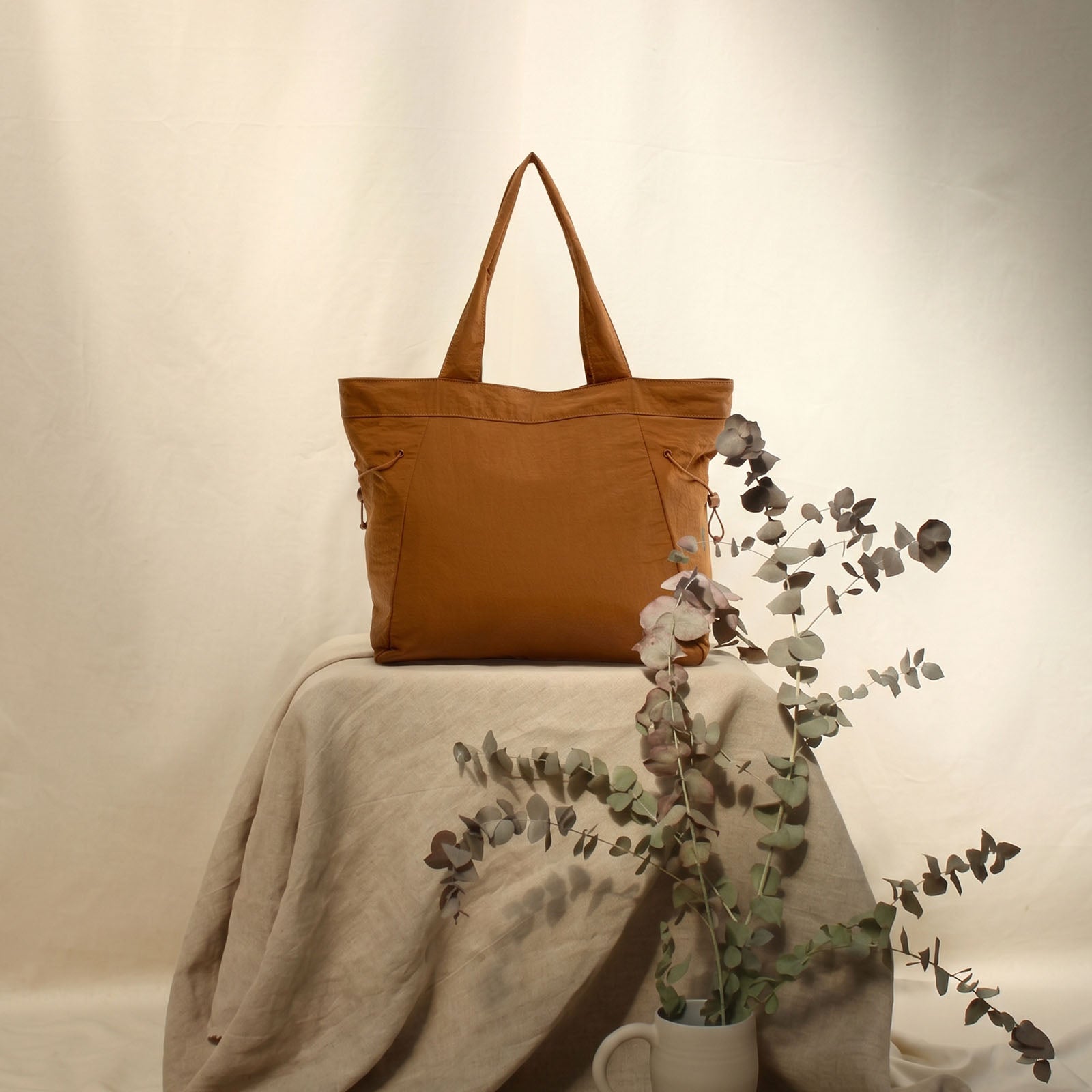 Daily Life Drawstring Nylon Tote Bag for Women in Orange，Front View